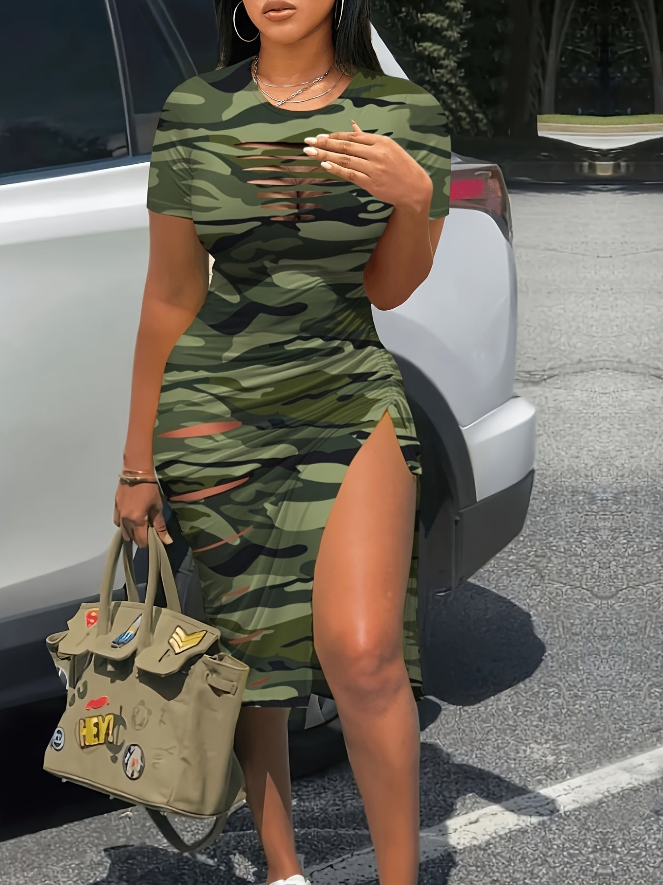 Sexy Camo Bodycon Dress - Crew Neck, Short Sleeve, Mid Elasticity, Polyester, Machine Washable, Random Printing, All-Season, Knit Fabric - Perfect for Spring & Summer, Young Womens Clothing